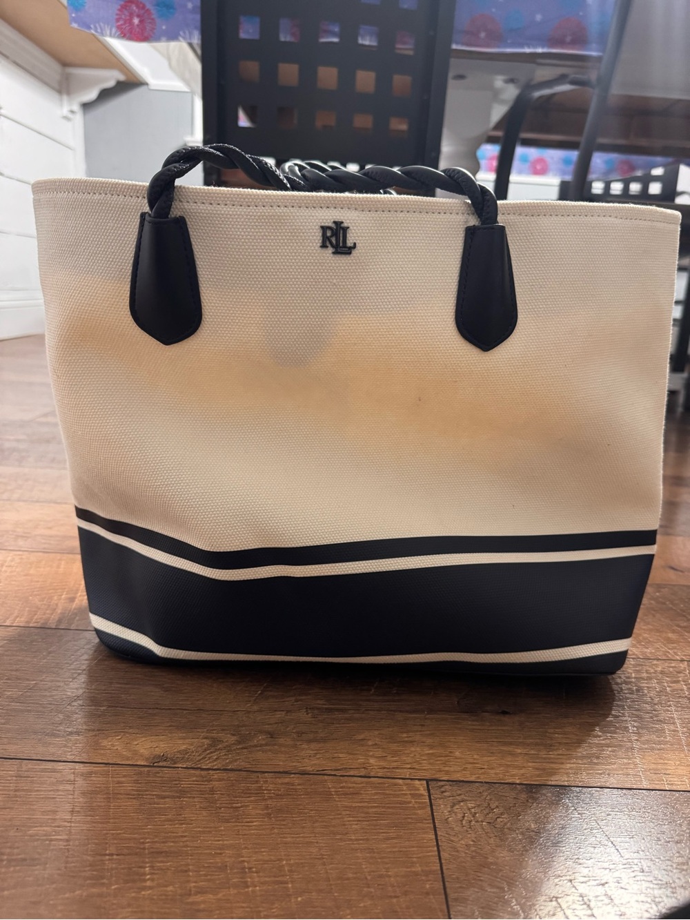 Ralph Lauren RL Canvas Tote Bag in Cream and Navy Blue -Gently used